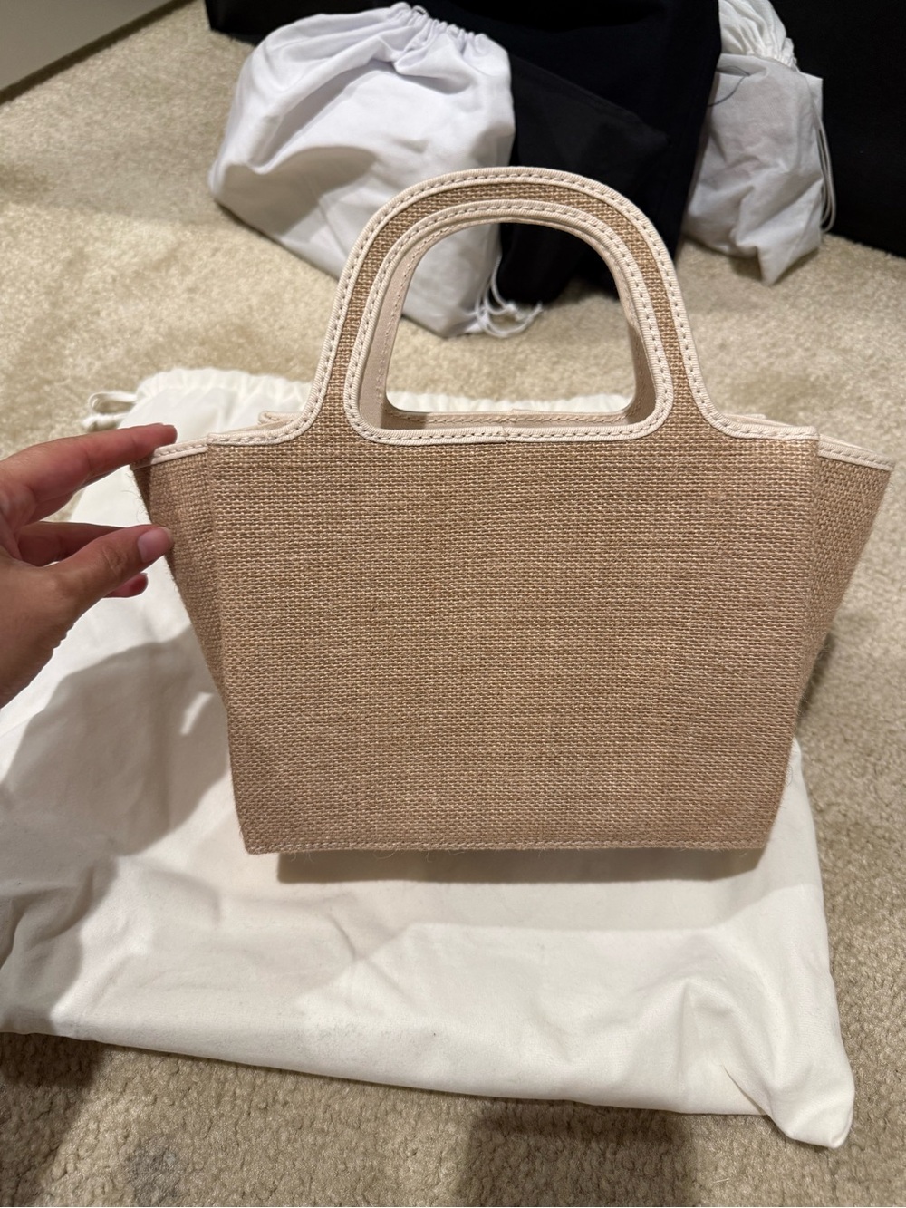 Beige Straw Tote Bag with Cream Trim